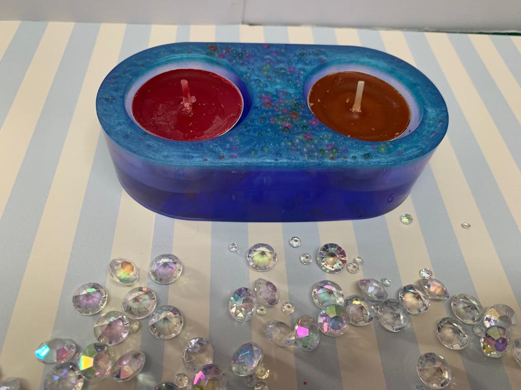 Double resin tea light holder blue